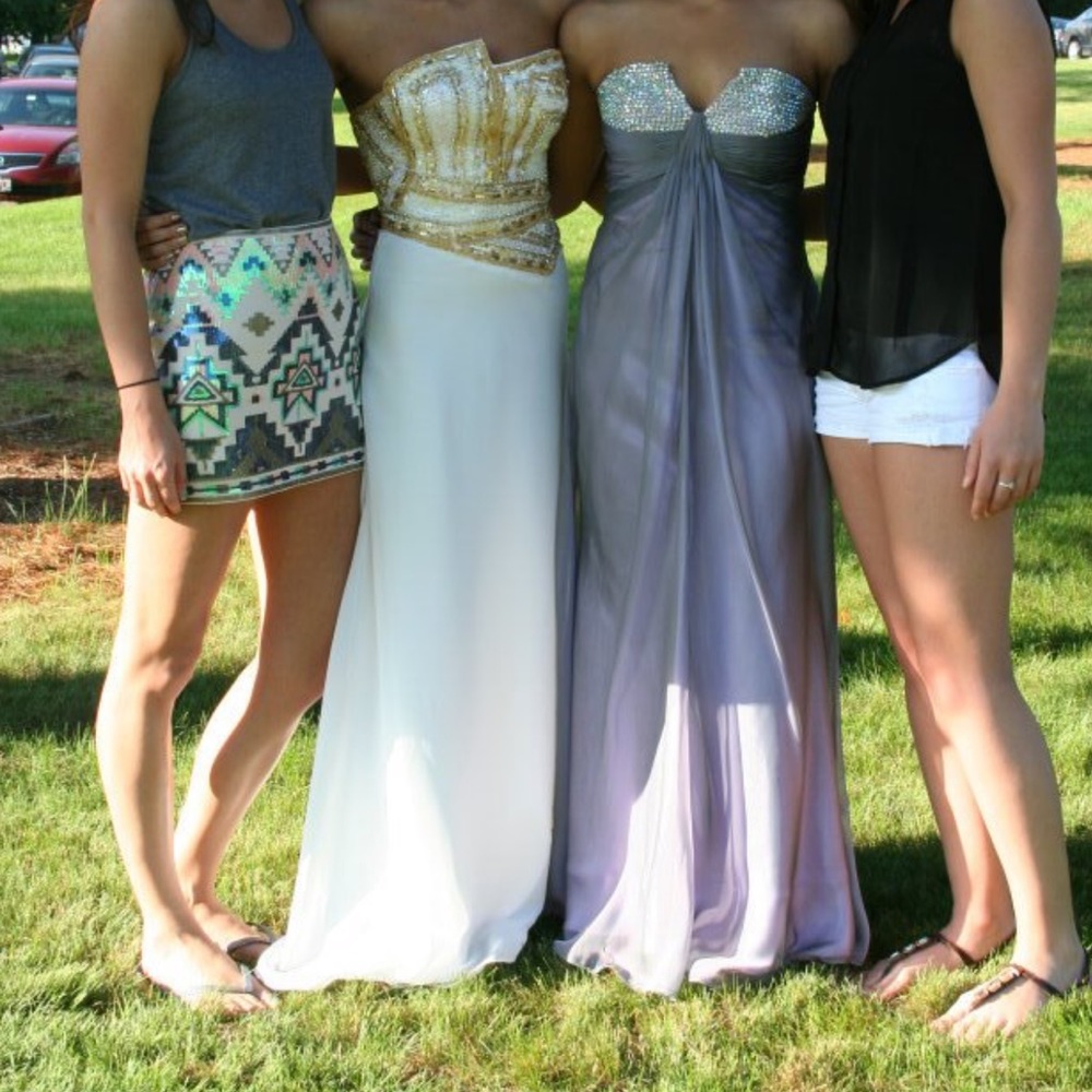 Flattering white strapless prom dress